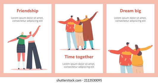 Hugs with Friends Rear View Cartoon Banners. Diverse Multiracial Male Female Characters Stand in Row Hugging Each Other. International Friendship Day Celebration, Peace Concept. Vector Posters