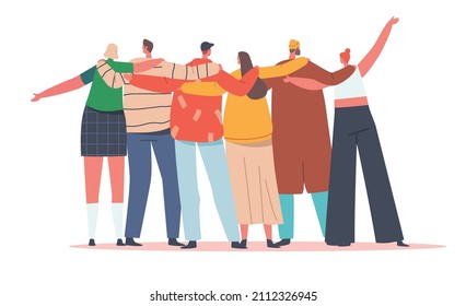 Hugs With Friends Rear View. Diverse Multiracial Male And Female Characters Stand In Row Hugging Each Other. International Friendship Day Celebration, Peace Concept Cartoon People Vector Illustration