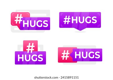 HUGS Hashtag Speech Bubble Icons - A set of playful and vibrant speech bubbles with the HUGS hashtag, perfect for social media and positive messaging graphics