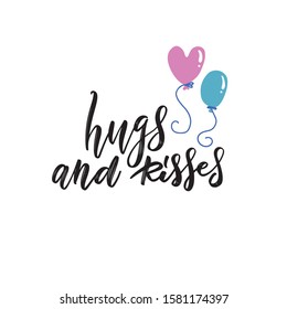 Hugs and Kisess. Hand lettering design. Vector design element for valentines day, save the date, wedding stationary and other users.