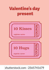 hugs, kiss coupon, romantic ticket, valentine's day design element.  in retro groovy style. A wish hugs and kisses. Valentines day gift, present Vector illustration