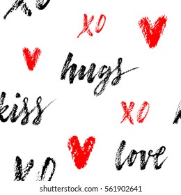 "Hugs, kiss, love, xo" lettering. Seamless pattern.