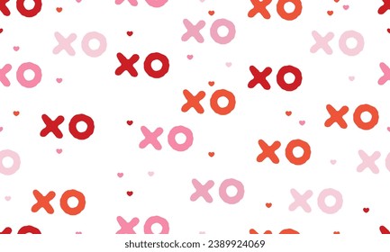 Hugs and kisses abbreviation and hearts seamless pattern. Xoxo gentle pink background. Love relationship Valentines Day design. Vector illustration