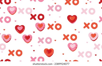 Hugs and kisses abbreviation and hearts seamless pattern. Xoxo gentle pink background. Love relationship Valentines Day design. Vector illustration