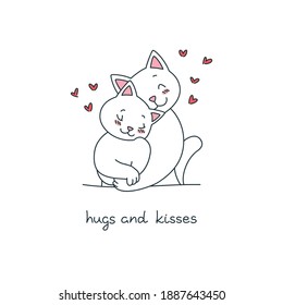 Hugs and Kisses. Black and white illustration of cute hugging cats on a white background. Vector 10 EPS.