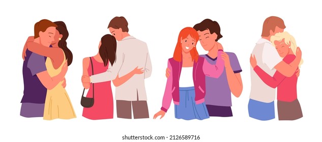 Hugs and kisses of couple of lovers set vector illustration. Cartoon man and woman meeting, boyfriend and girlfriend on dating isolated on white. Love, romantic relationship, Valentines Day concept