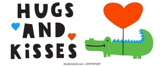 Hugs and kisses. Cute crocodile. Romantic card design. Concept for St. Valentine's day. 14 February. Hand drawn illustration on white background.