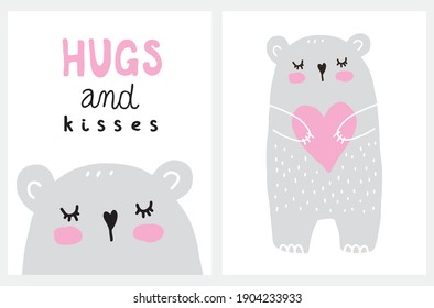 Hugs and Kisses. Cute Valentine's Day Card. Sweet Nursery Vector Art with Lovely Bear With Big Pink Heart Isolated on a White Background. Romantic Illustration ideal for Wall Art, Card, Poster.