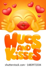 hugs and kisses greeting card with yellow emoji cartoon character. Vector illustration