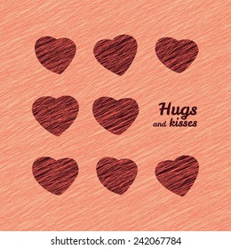 'Hugs and Kisses' Happy Valentine's Day Love Card. Greeting Card with hearts. Romantic frame with hearts. Grunge backdrop with scratches. Seamless pattern.