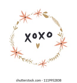 Hugs and kisses lettering text. Decor elements, flaral frame, patterned circle. Cute card, scandinavian style. Vector, clip art.