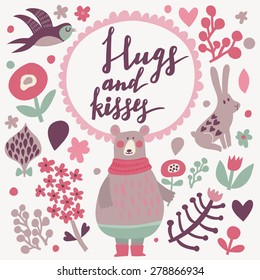 Hugs and kisses - lovely vector card. Awesome cartoon collection in vector. Concept set with birds and animals. Swallow, rabbit, bear, flowers and bird in sweet colors in vector