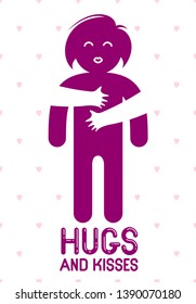 Hugs and kisses with loving hands of beloved person and kissing lips, lover woman hugging her mate and shares love, vector icon logo or illustration in simplistic symbolic style.