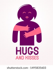 Hugs and kisses with loving hands of beloved person and kissing lips, lover woman hugging her mate and shares love, vector icon logo or illustration in simplistic symbolic style.