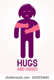 Hugs and kisses with loving hands of beloved person and kissing lips, lover woman hugging her mate and shares love, vector icon logo or illustration in simplistic symbolic style.