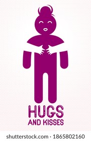 Hugs and kisses with loving hands of beloved person and kissing lips, lover woman hugging her mate and shares love, vector icon logo or illustration in simplistic symbolic style.