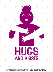 Hugs and kisses with loving hands of beloved person and kissing lips, lover woman hugging her mate and shares love, vector icon logo or illustration in simplistic symbolic style.