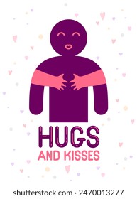 Hugs and kisses with loving hands of beloved person and kissing lips, lover woman hugging his man and shares love, vector icon logo or illustration in simplistic symbolic style.