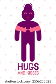 Hugs and kisses with loving hands of beloved person and kissing lips, lover woman hugging her mate and shares love, vector icon logo or illustration in simplistic symbolic style.