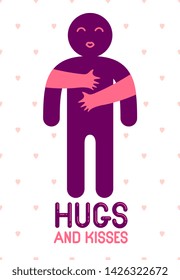 Hugs and kisses with loving hands of loved person and kissing lips, lover woman hugging his man and shares love, vector icon logo or illustration in simplistic symbolic style.