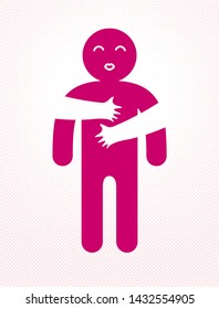 Hugs and kisses with loving hands of loved person and kissing lips, lover woman hugging his man and shares love, vector icon logo or illustration in simplistic symbolic style.