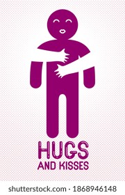 Hugs and kisses with loving hands of loved person and kissing lips, lover woman hugging his man and shares love, vector icon logo or illustration in simplistic symbolic style.
