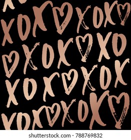 hugs and kisses seamless pattern with lettering. Rose gold design on elegance black backrouund. Vector design for wedding invitation, wrapping paper, poster,card.