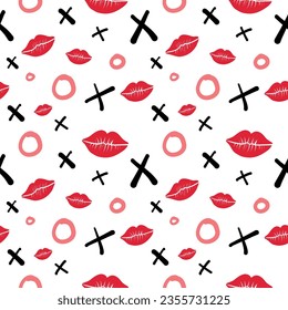 Hugs and Kisses Seamless Vector Illustration Pattern, Red Lips, Black Crosses and Pink Circles on a White Background
