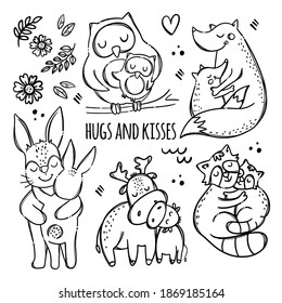 HUGS AND KISSES, TEXT. Cute Animals Hug And Kiss Their Children. Monochrome Hand Drawn Clip Art Vector Illustration Set For Print