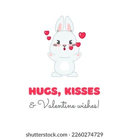 Hugs, kisses and Valentine wishes! Flat cartoon illustration of a cute little bunny blowing a kiss isolated on a white background. Vector 10 EPS.