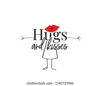 Hugs and kisses, vector. Girl hugging illustration. Wording design isolated on white background. Childish wall decals, art design, artwork. Fun poster design