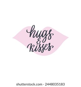 Hugs and kisses words with illustration on background. Vector handwritten love text. 