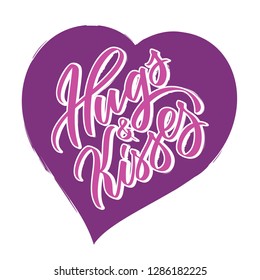 Hugs and kisses writing - Valentine lettering text, callygraphy. Hand written words for valentine day, wedding and birthday card, stamp. Two colors..