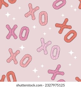  Hugs and kisses xoxo air balloon vector seamless pattern. Romantic Valentines Day decor background.