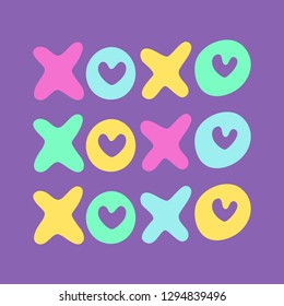 Hugs and Kisses XoXo doodle for love concept. Vector illustration for valentine and wedding card. Instagram format. Bright image on purple Background. Tic tac toe game. Fluorescent colors