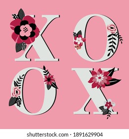 Hugs and Kisses, XOXO Valentine, Abstract Floral Vector Illustration