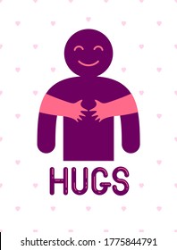 Hugs with loving hands of loved person, lover woman hugging his man and shares love, vector icon logo or illustration in simplistic symbolic style.