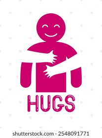 Hugs with loving hands of loved person, lover woman hugging his man and shares love, vector icon logo or illustration in simplistic symbolic style.