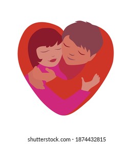 The hugs of a man and a woman in love are stylized in the shape of heart. Vector illustration for an icon or flyer in flat style. Isolated on a white background. The concept of a love relationship.