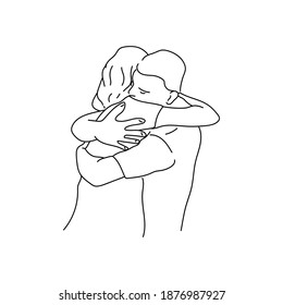 Hugs of a man and a woman, an outline drawing about feelings and support, two people embrancing, vector illustration