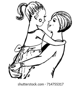 Hugs with mom. Hand drawn sketch with woman and little girl on her hands. Mother, daughter. Lovely family for prints, posters, covers, design, coloring book pages. Parenting, care. Cartoon characters.