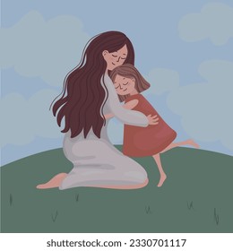 Hugs from mother and daughter. Vector illustration. Field, meadow. Blue sky with clouds. Mom in a linen dress with brown hair. Daughter in a pink dress. Love, hugs, family. Mother's Day.Post, postcard