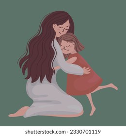 Hugs from mother and daughter. Vector illustration. Green background. Mom in a linen dress with brown hair. Daughter in a pink dress. Love, hugs, family. Mother's Day. Post, postcard, greetings