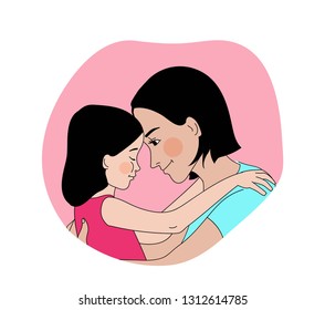 Hugs. Mother and daughter warmly embracing. Mother comforting her child. Soothing hug. Vector illustration.