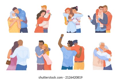 Hugs old friends. Best friend hugging group people, couple feeling love, cuddling brother, friendship affection, family embrace senior, positive emotion vector. Illustration happy friendship together