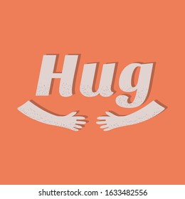 Hugs poster or postcard design, hands hug vector illustration on orange background.