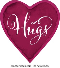 "Hugs" Valentine's Day conversation heart. White decorative typography on a pink watercolor heart background. In vector format.