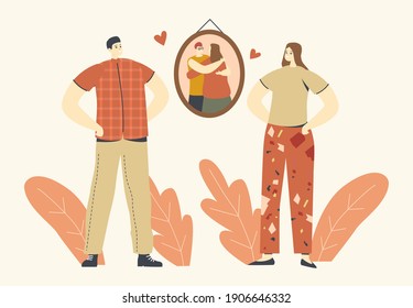 Hugs, Warm Embrace, Love Concept. Male and Female Characters Stand front of Picture on Wall with Hugging People or Parents. Friendship, Peace, Love and Sweet Memory. Cartoon Vector Illustration