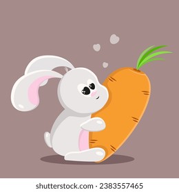 Hugs of a white rabbit with a carrot. Orange Love. Vertical. Vector. Postcard.