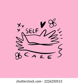 Hugs yourself self-care motivational encouraging girly self-esteem and self-indulgent quote. Lettering typography illustration. Kind love message with hands and flowers. Groovy letters on color